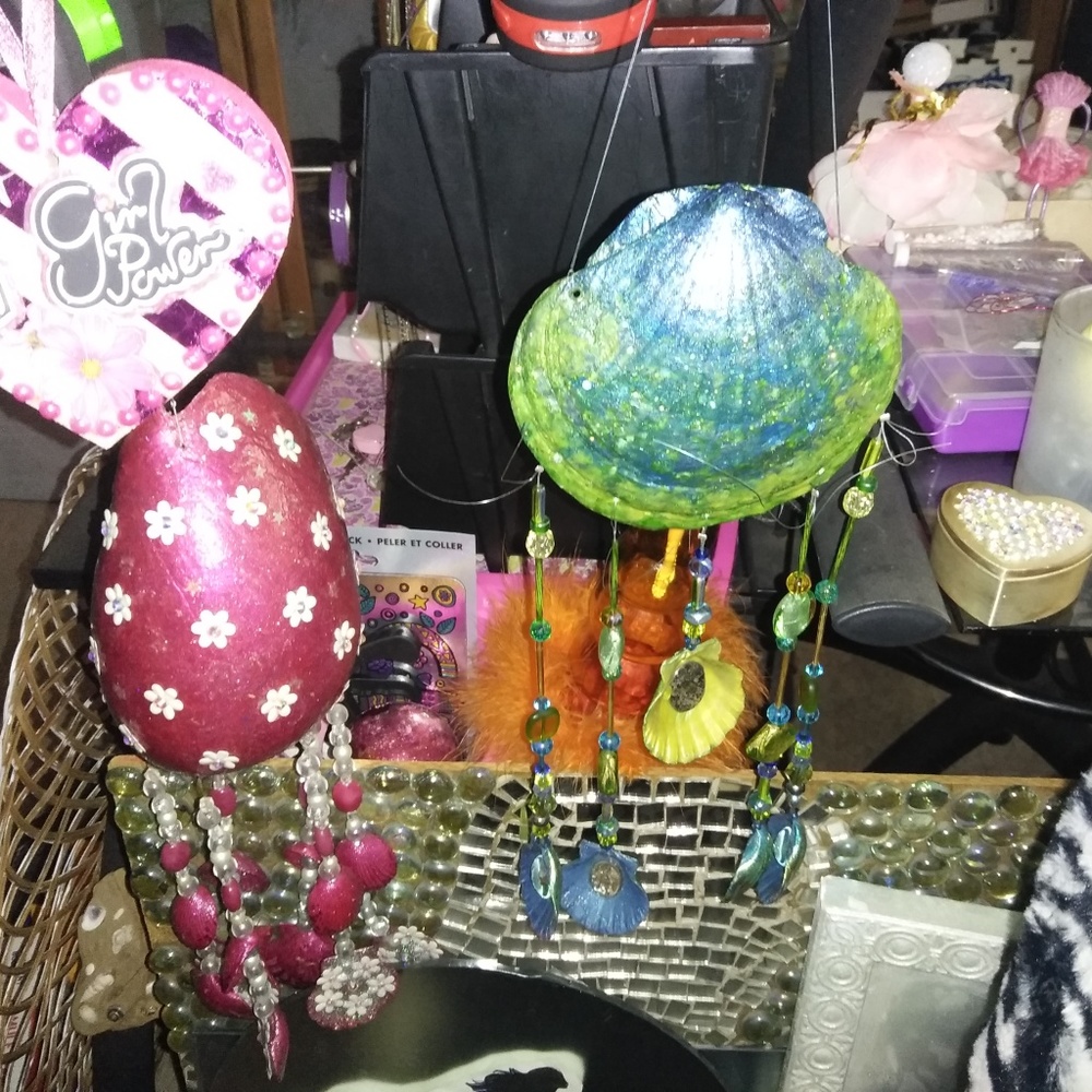 Hand painted shells, beads & real abalone hanging.